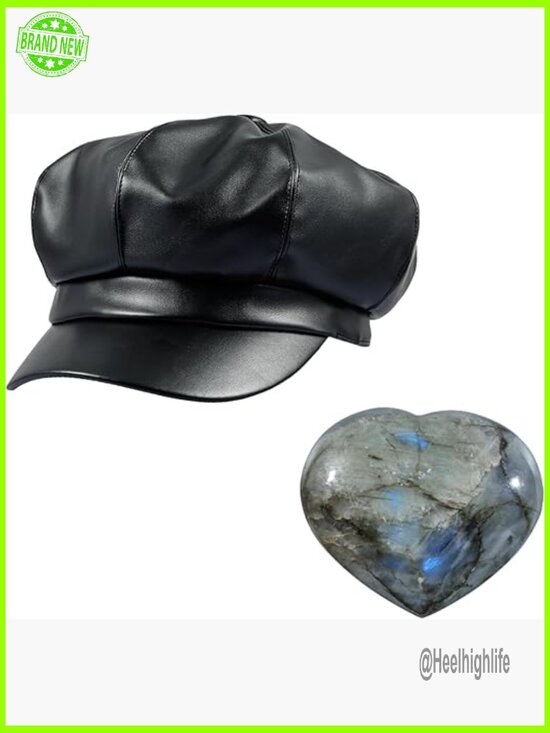 PU Leather Newsboy Hat & Labradorite Heart Bundle, One Size Fits Most